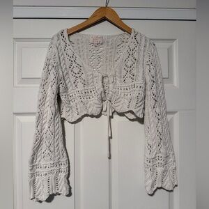 Audrey Parks Crochet Knit White Cropped Fairy Festival Bell Sleeve Sweater Indie